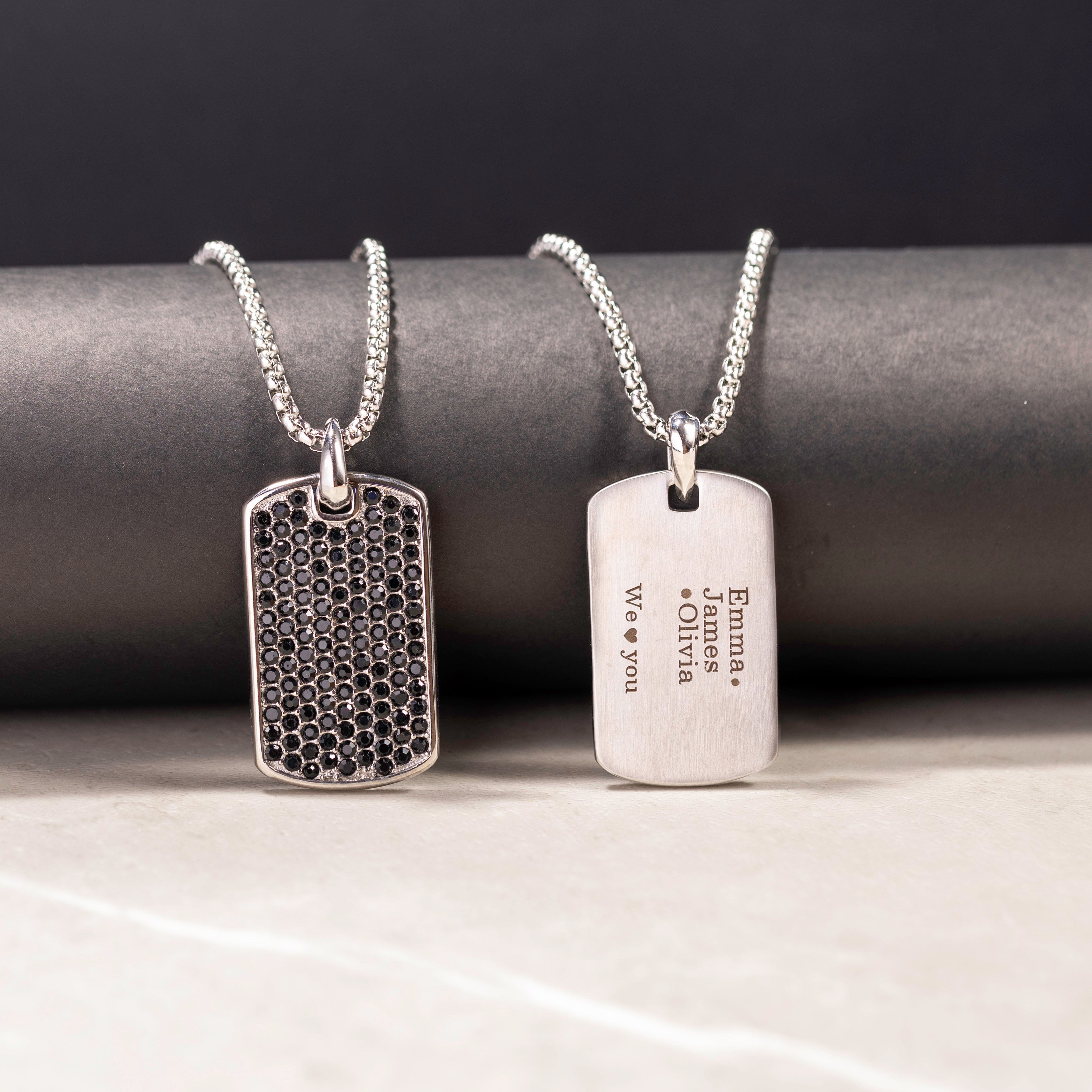 Men’s silver dog tag pendant with black diamond and name engraving